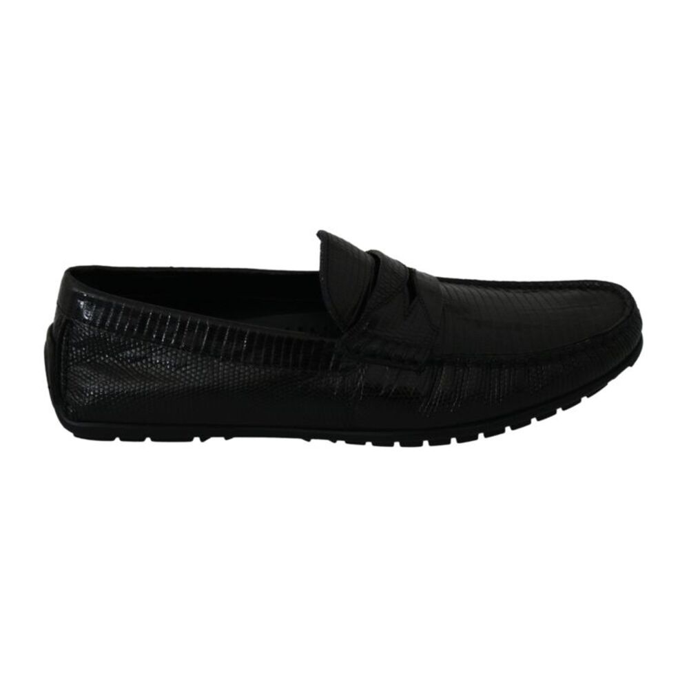 Dolce & Gabbana Black Lizard Leather Flat Loafers Men's Shoes